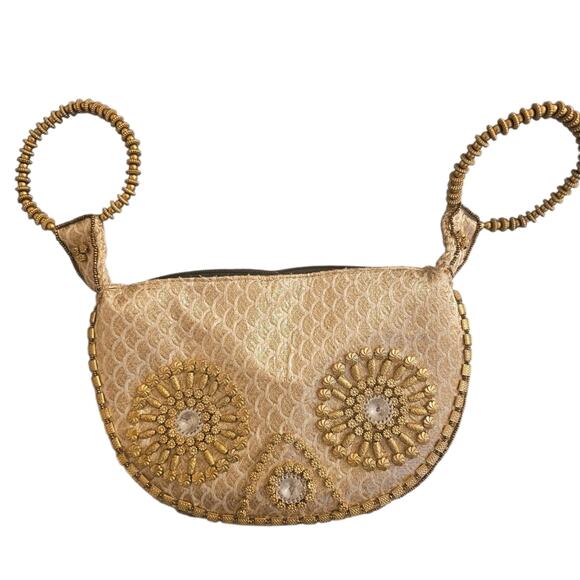 Handcrafted Artisan Gold Beaded Evening Clutch Wristlet Boho Bridal Purse Bag - Picture 3 of 9